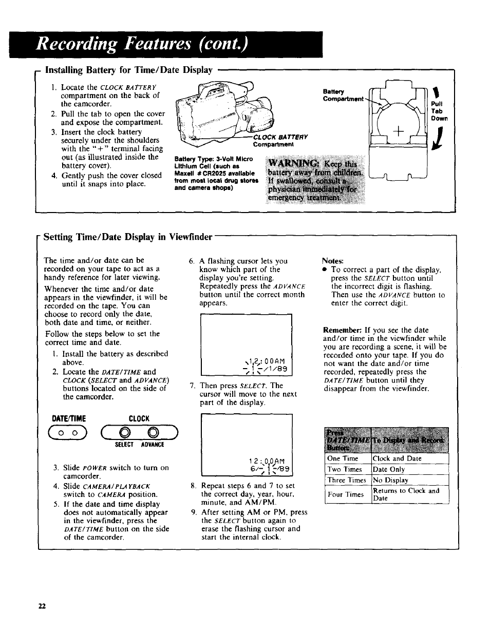 P installing battery for time/date display, Setting time/date display in viewfinder, Clock | Notes, Recording features (coni.) | RCA CC-285 User Manual | Page 24 / 50