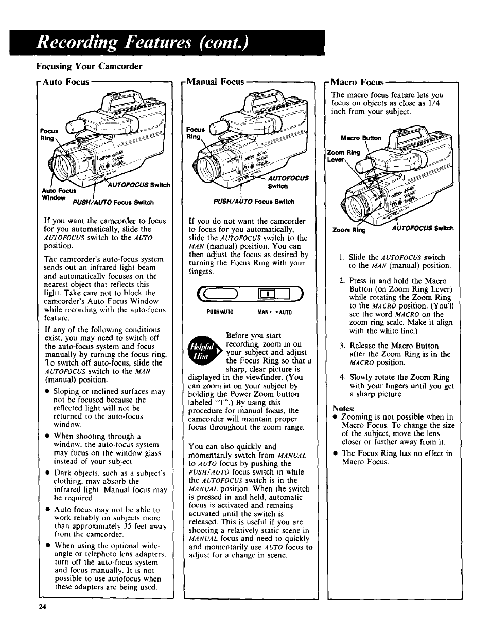 Recording features (coni.), R ) mzi, Focusing your camcorder г auto focus | Manual focus, R macro focus | RCA CC-285 User Manual | Page 26 / 50