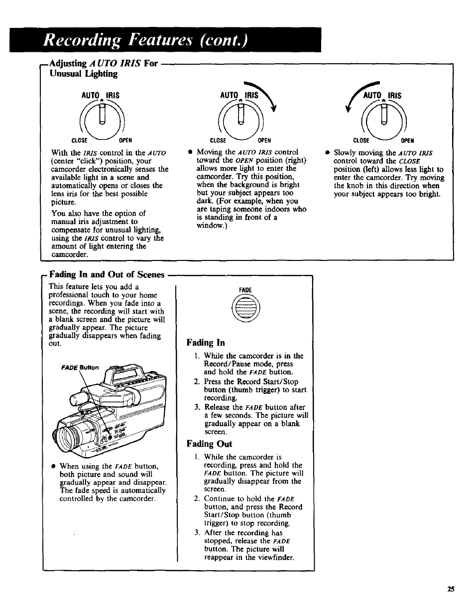 Adjusting a uto iris for unusual lighting, Auto ims, Fading in and out of scenes | Fading in, Fading out, Recording features (coni,), Adjusting, For unusual lighting, A uto iris | RCA CC-285 User Manual | Page 27 / 50