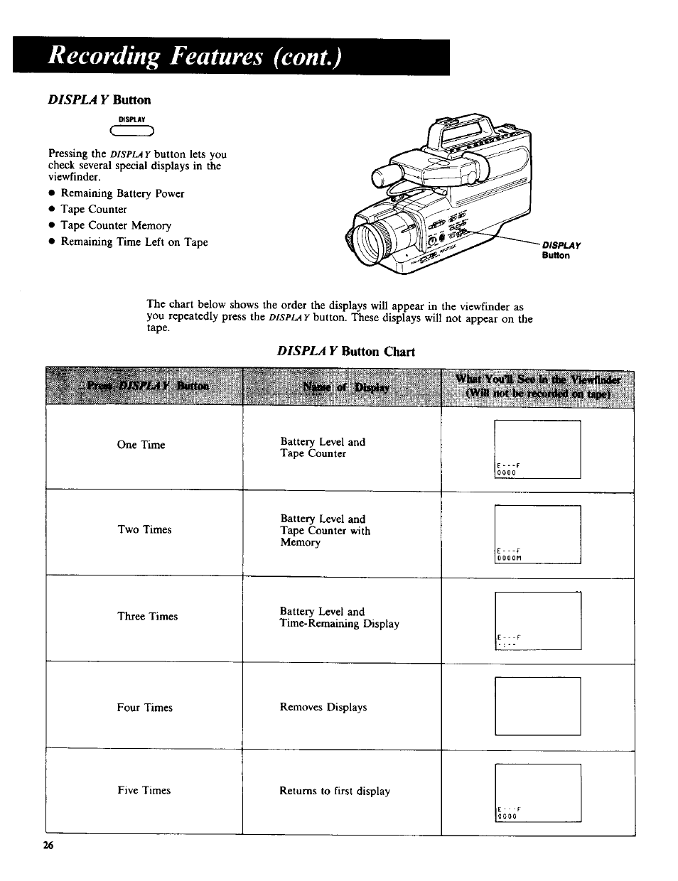 Displa y button chart, Name of display, Youll see in the (will ih>t be recorded on | D is p l a y, Button, Recording features (coni.), Pnm displa r | RCA CC-285 User Manual | Page 28 / 50