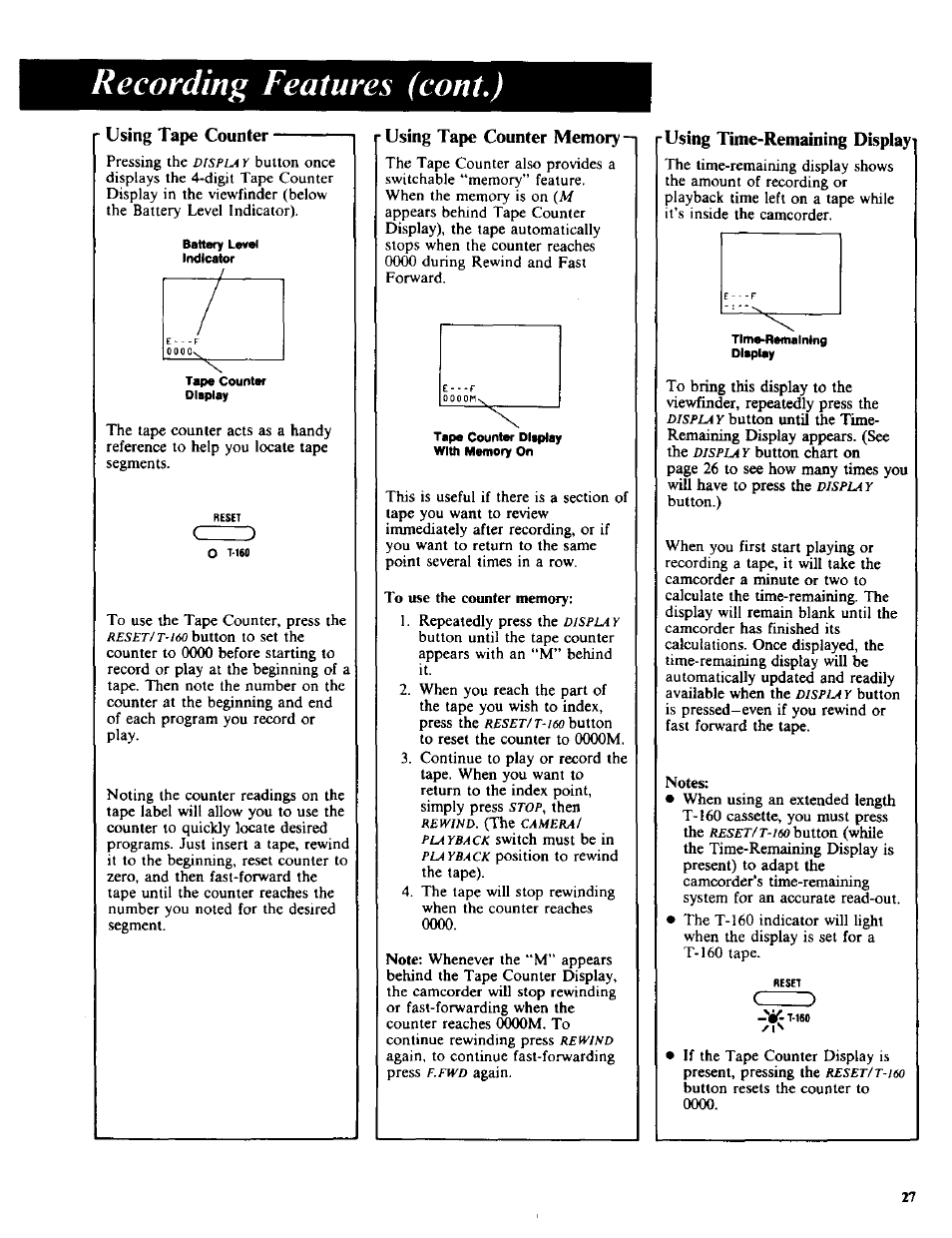 Using tape counter memory, Using time-remaining display, Tape counter with memory | Time-remaining display, Recording features (cant,), Using tape counter | RCA CC-285 User Manual | Page 29 / 50