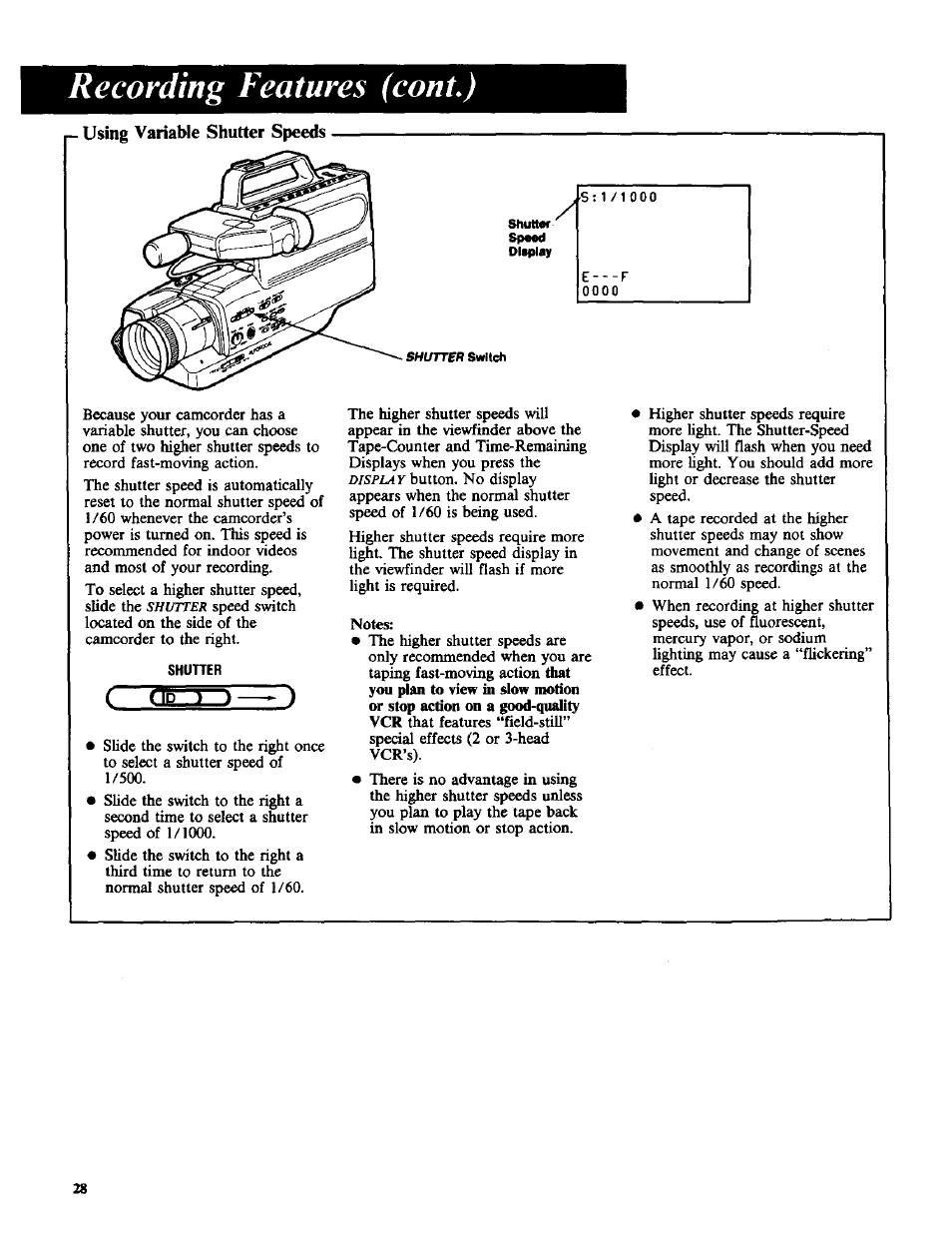 P- using variable shutter speeds, Shuher, Variable shutter speeds | Recording features (coni.), T (lb | RCA CC-285 User Manual | Page 30 / 50