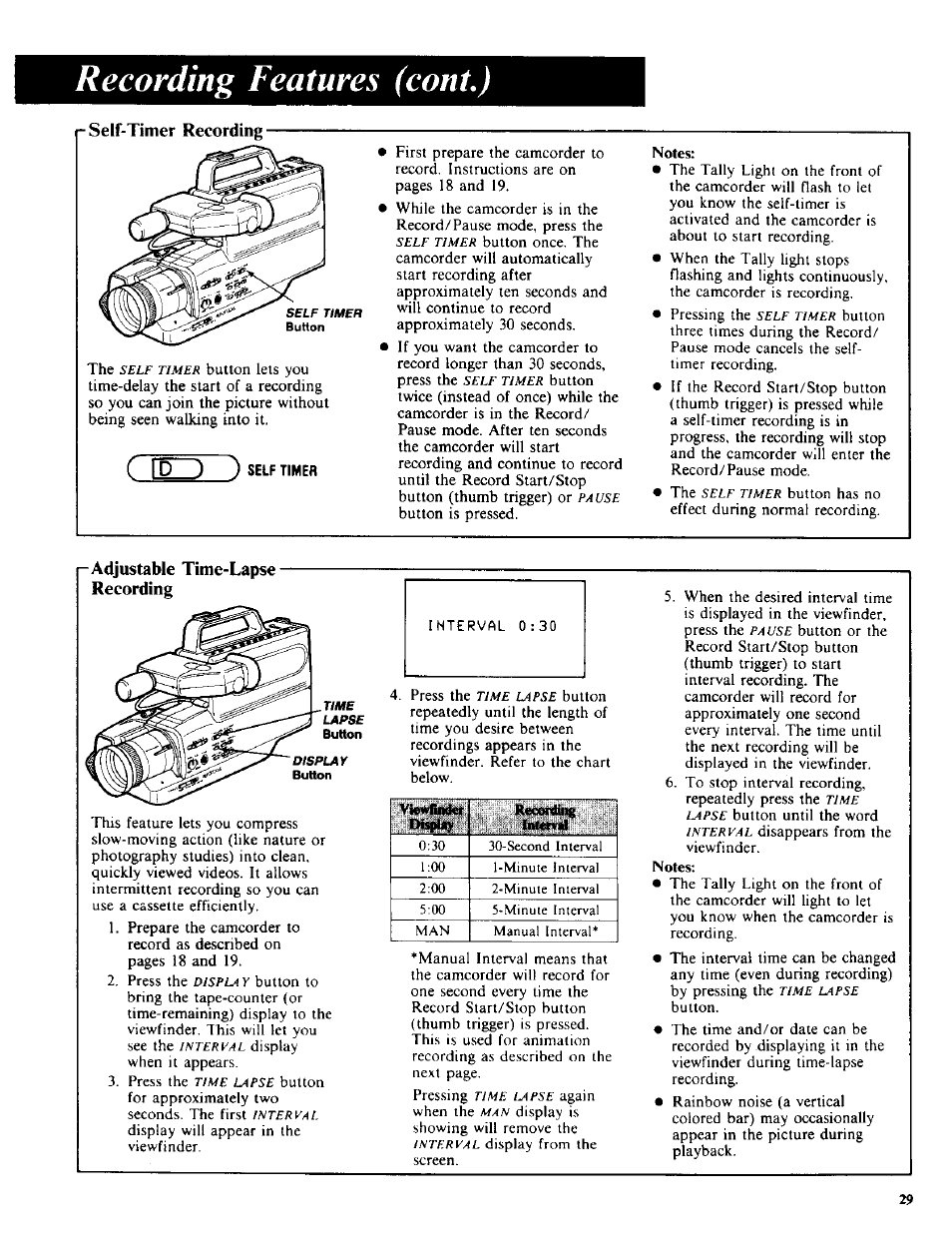 R self-timer recording, Adjustable time-lapse- recording, Self-timer recording | Adjustable time-lapse recordings, Recording features (coni.) | RCA CC-285 User Manual | Page 31 / 50