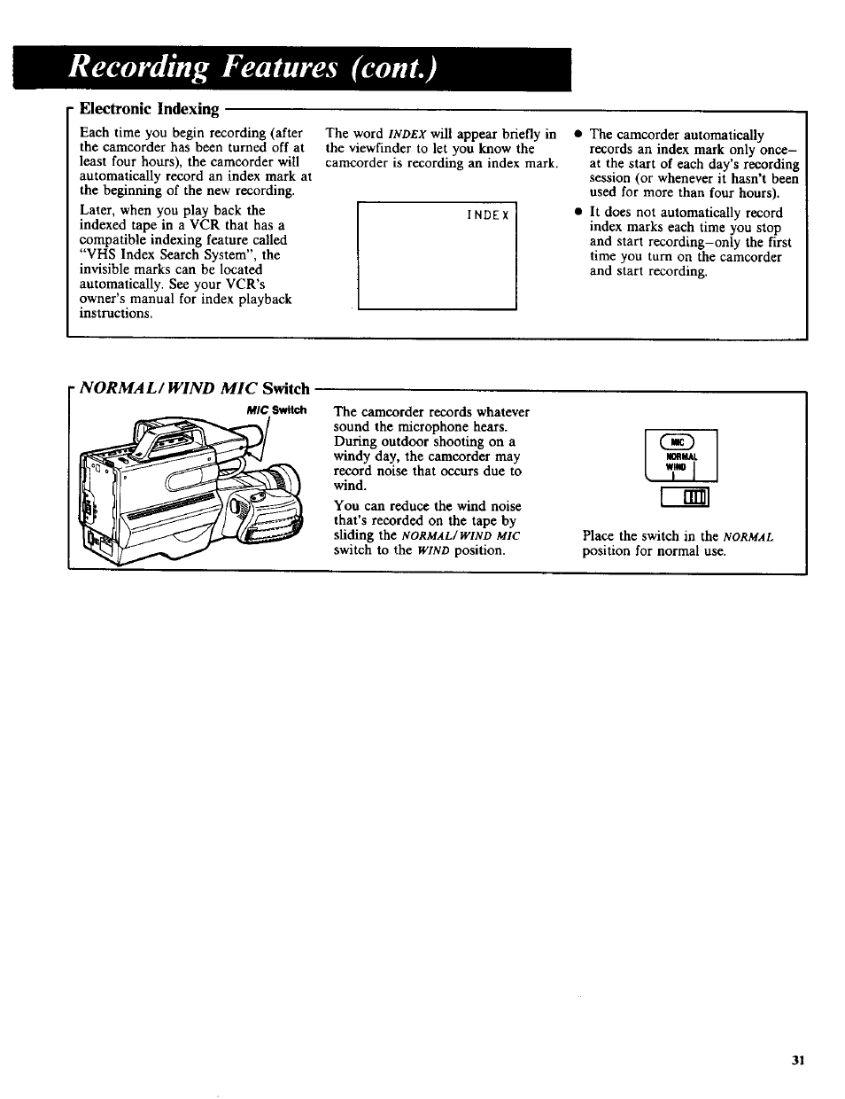 Electronic indexing, Recording features (cant) | RCA CC-285 User Manual | Page 33 / 50