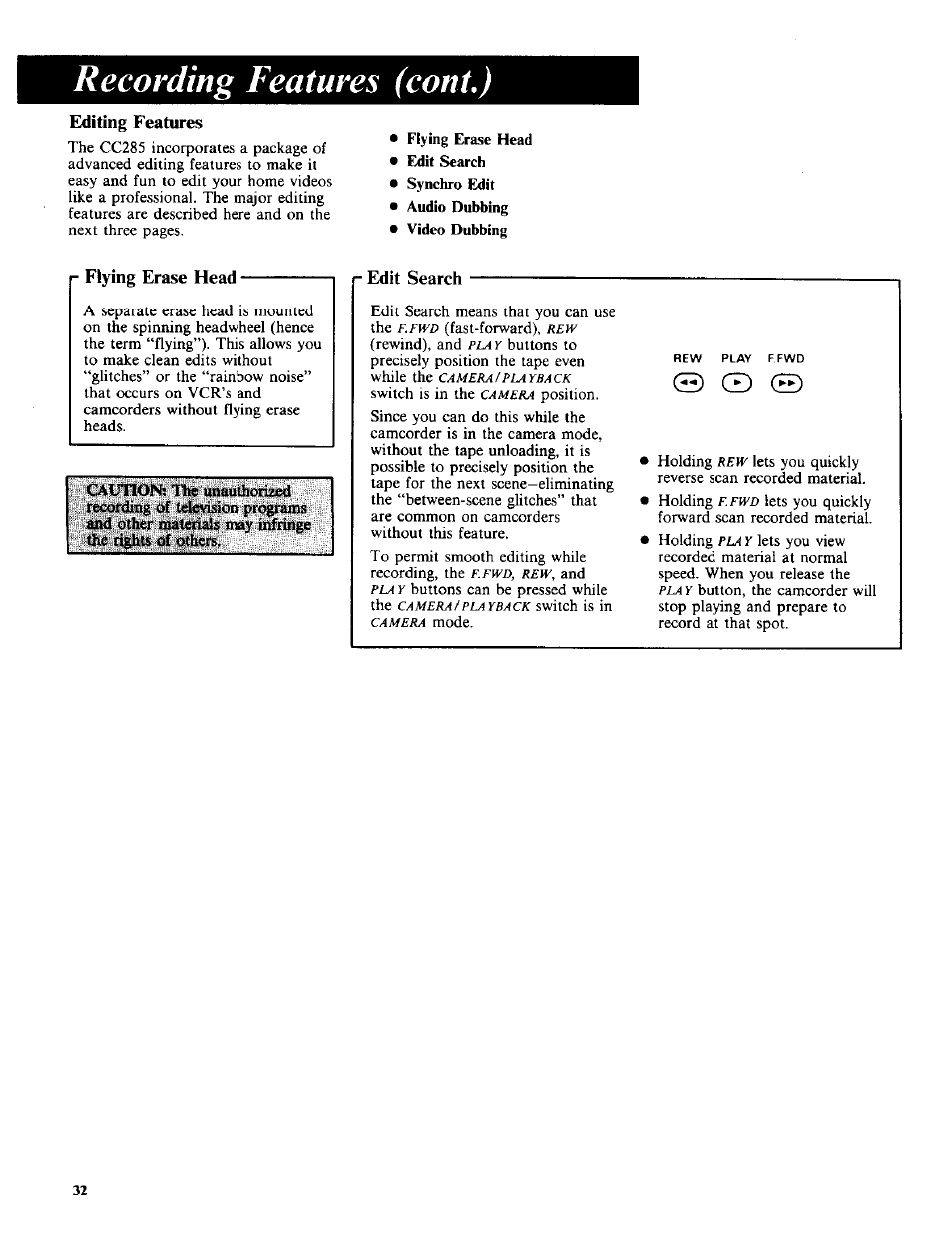 Editing features, Flying erase head, Recording features (coni.) | E^it search | RCA CC-285 User Manual | Page 34 / 50