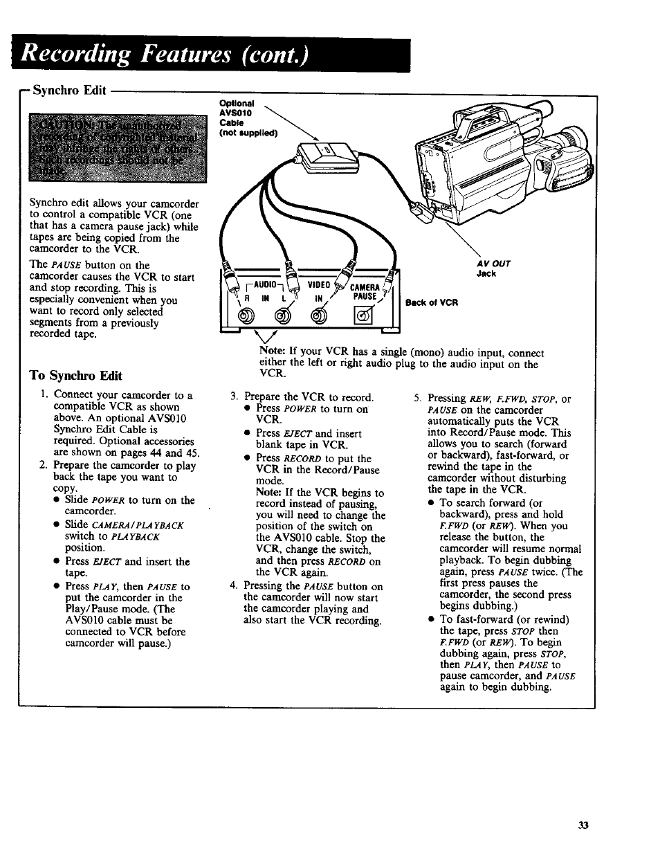 Synchro edit, To synchro edit, Recording features (coni.) | RCA CC-285 User Manual | Page 35 / 50