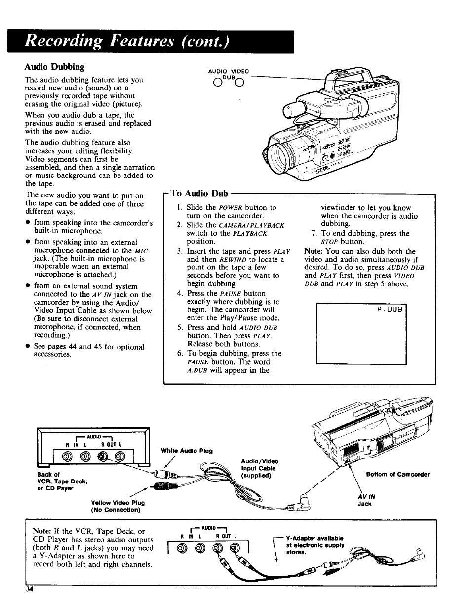 Audio dubbing, Recording features (cant,), Rto audio dub | RCA CC-285 User Manual | Page 36 / 50