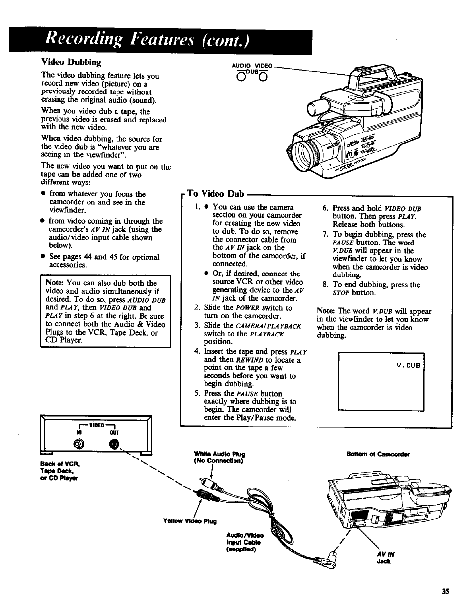 Vídeo dubbing, To video dub, Video dubbing | Recording features (coni.) | RCA CC-285 User Manual | Page 37 / 50