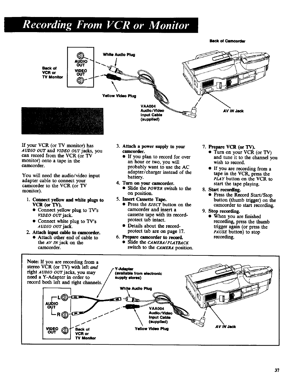 Recording from vcr or monitor | RCA CC-285 User Manual | Page 39 / 50