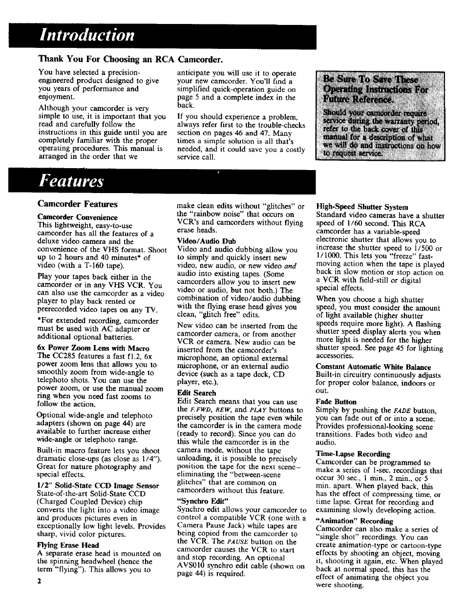 Introduction, Thank you for choosing an rca camcorder, Features | Camcorder features, 6x power zoom lens with macro, 1/2" solid-state ccd image sensor | RCA CC-285 User Manual | Page 4 / 50