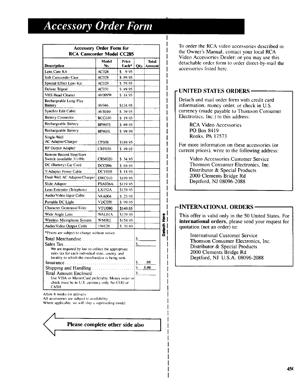 R united states orders, R international orders, Accessory order form | Please complete other side also | RCA CC-285 User Manual | Page 45 / 50