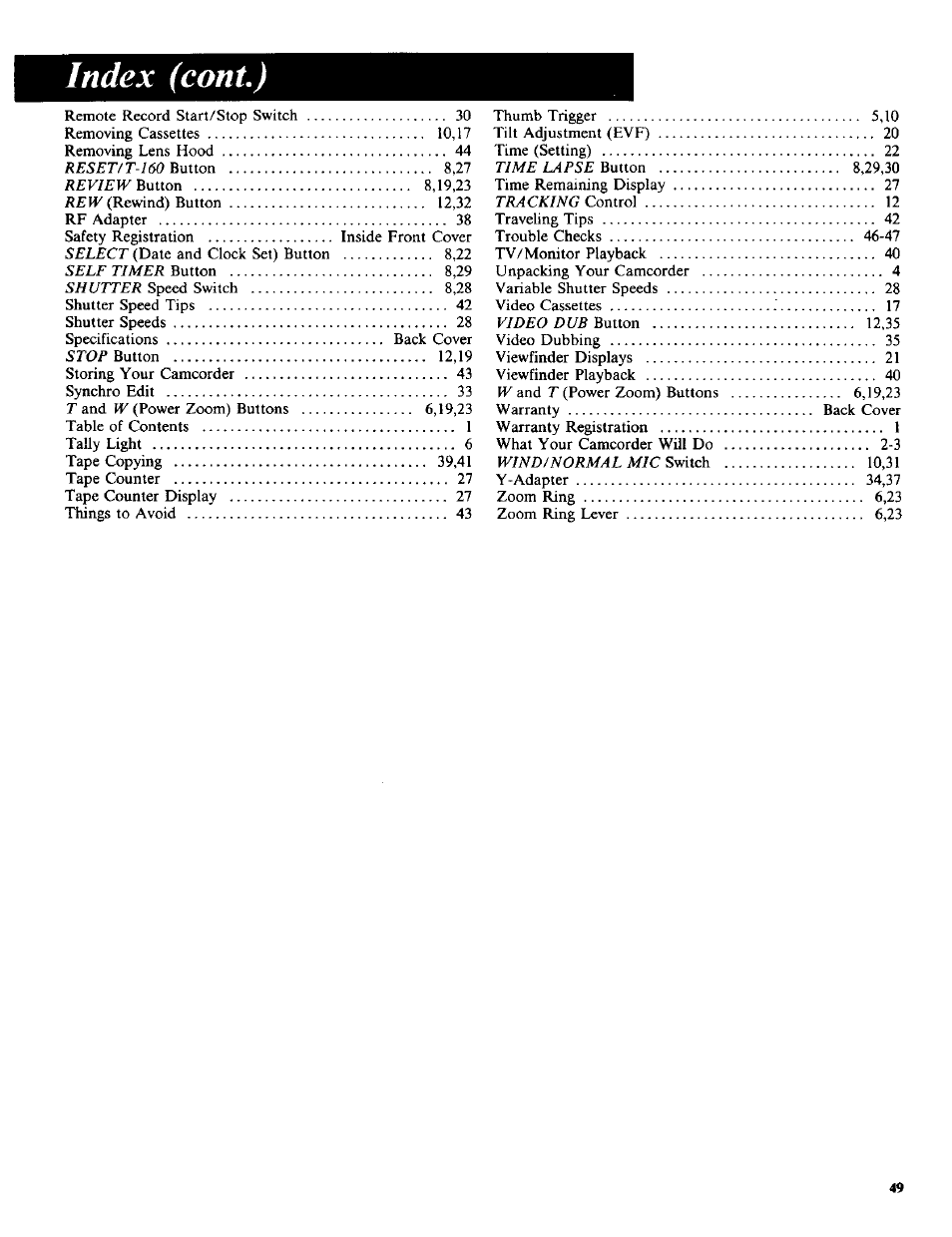 Index (coni.) | RCA CC-285 User Manual | Page 49 / 50