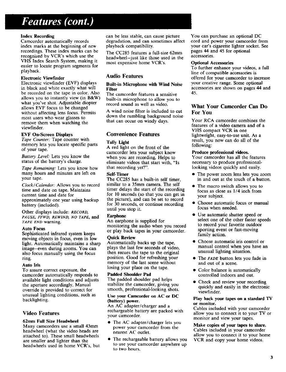 Features (coni.), Video features, Audio features | Convenience features, What your camcorder can do for you | RCA CC-285 User Manual | Page 5 / 50