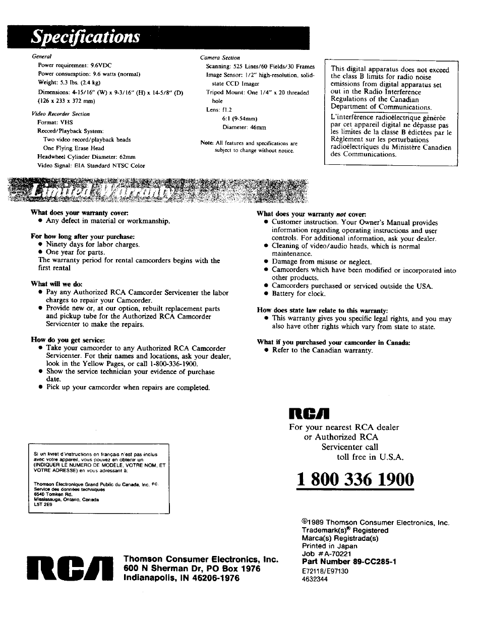 Rcil, Specifications | RCA CC-285 User Manual | Page 50 / 50