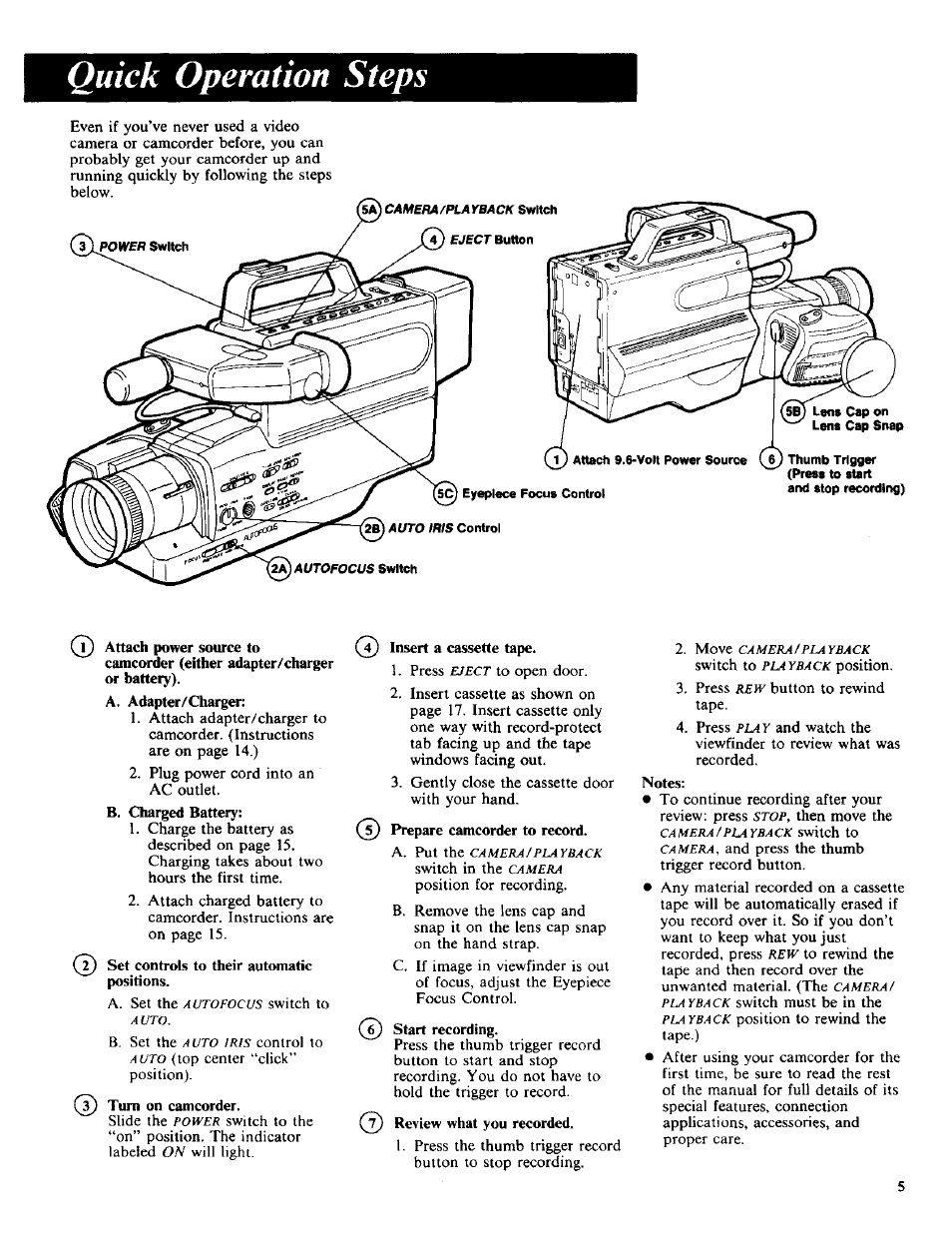 Quick operation steps, Set controls to their automatic positions, Turn on camcorder | Insert a cassette tape, Prepare camcorder to record, Start recording, 7) review what you recorded, Quick-operation steps | RCA CC-285 User Manual | Page 7 / 50