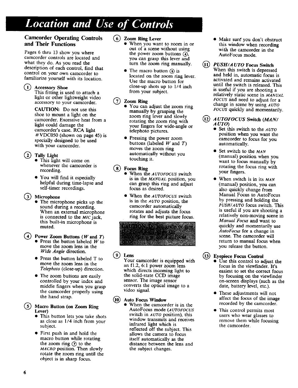 Macro button (on zoom ring lever), Eyepiece focus control, Location and use of controls | Camcorder operating controls and their functions | RCA CC-285 User Manual | Page 8 / 50