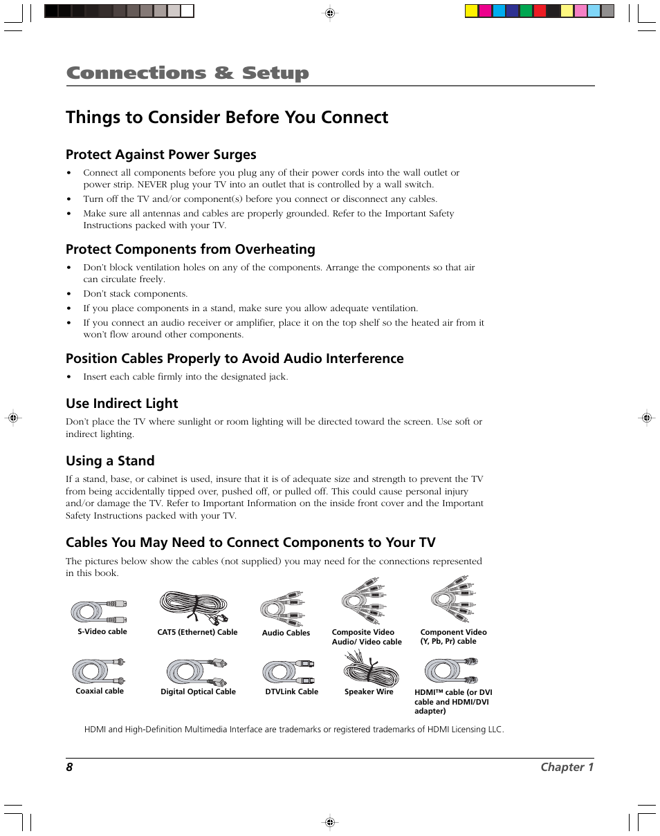 Connections & setup, Things to consider before you connect, Protect against power surges | Protect components from overheating, Use indirect light, Using a stand | RCA DVR2080 User Manual | Page 10 / 100