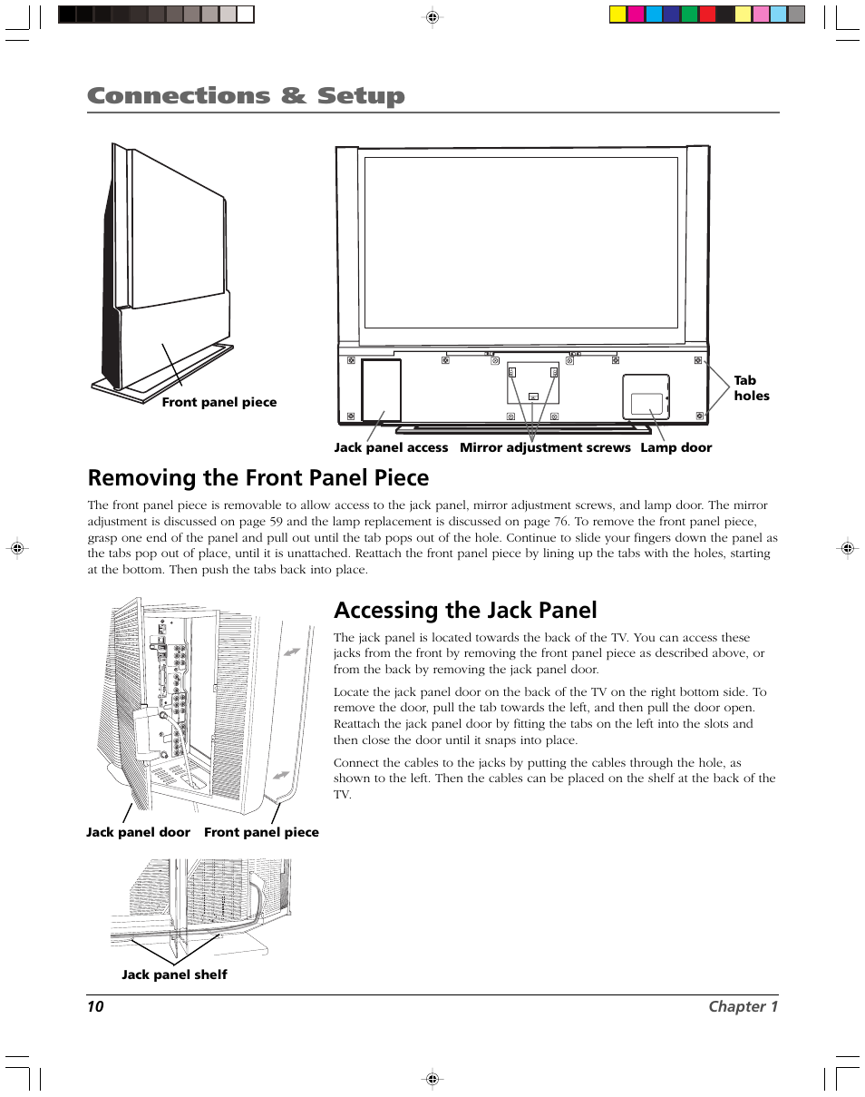 Connections & setup, Removing the front panel piece, Accessing the jack panel | RCA DVR2080 User Manual | Page 12 / 100
