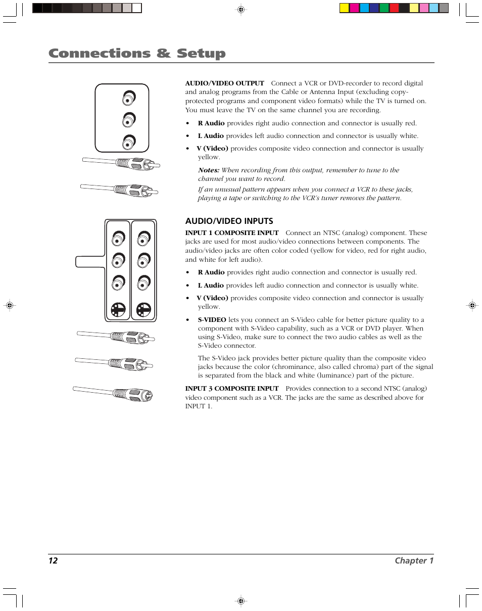 Connections & setup, 12 chapter 1, Audio/video inputs | RCA DVR2080 User Manual | Page 14 / 100