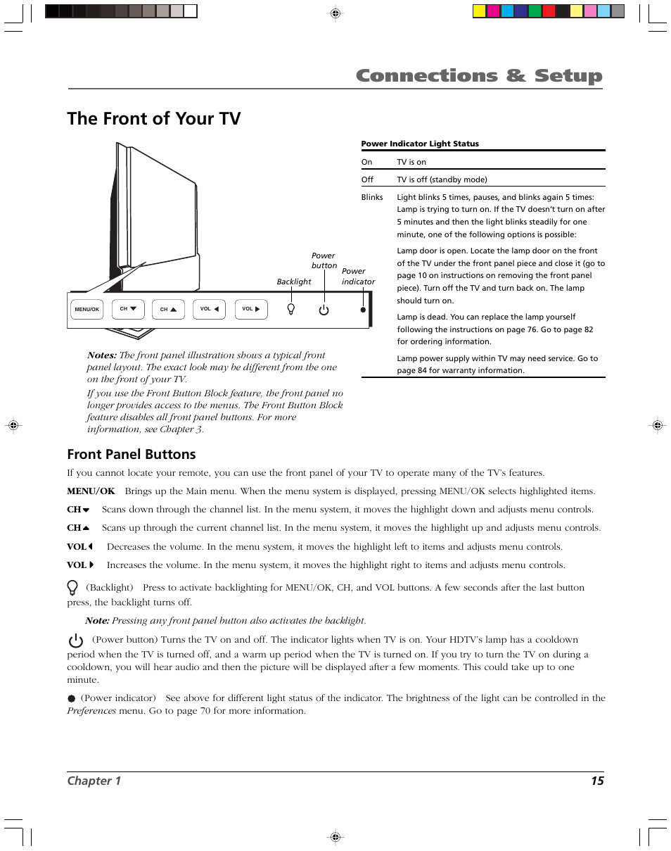 Connections & setup, The front of your tv, Front panel buttons | Chapter 1 15 | RCA DVR2080 User Manual | Page 17 / 100