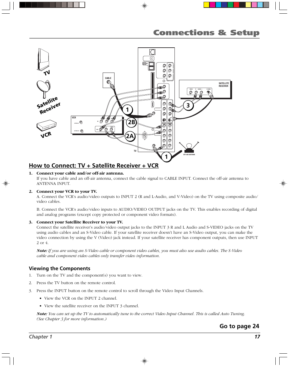 Connections & setup, How to connect: tv + satellite receiver + vcr, Go to page 24 | 2b 3 2a, Chapter 1 17, Viewing the components, Satellite receiver vcr | RCA DVR2080 User Manual | Page 19 / 100