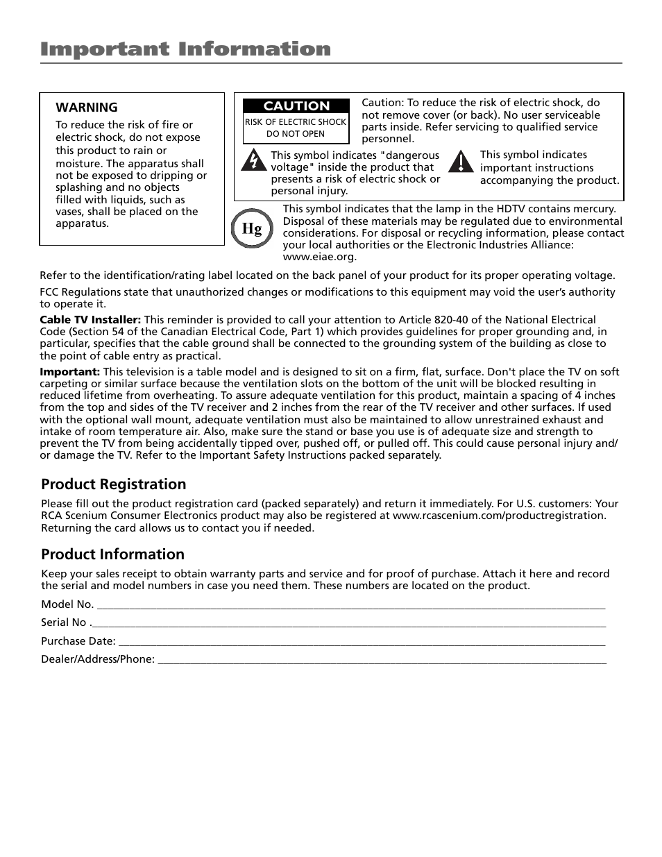 Important information, Product registration, Product information | RCA DVR2080 User Manual | Page 2 / 100