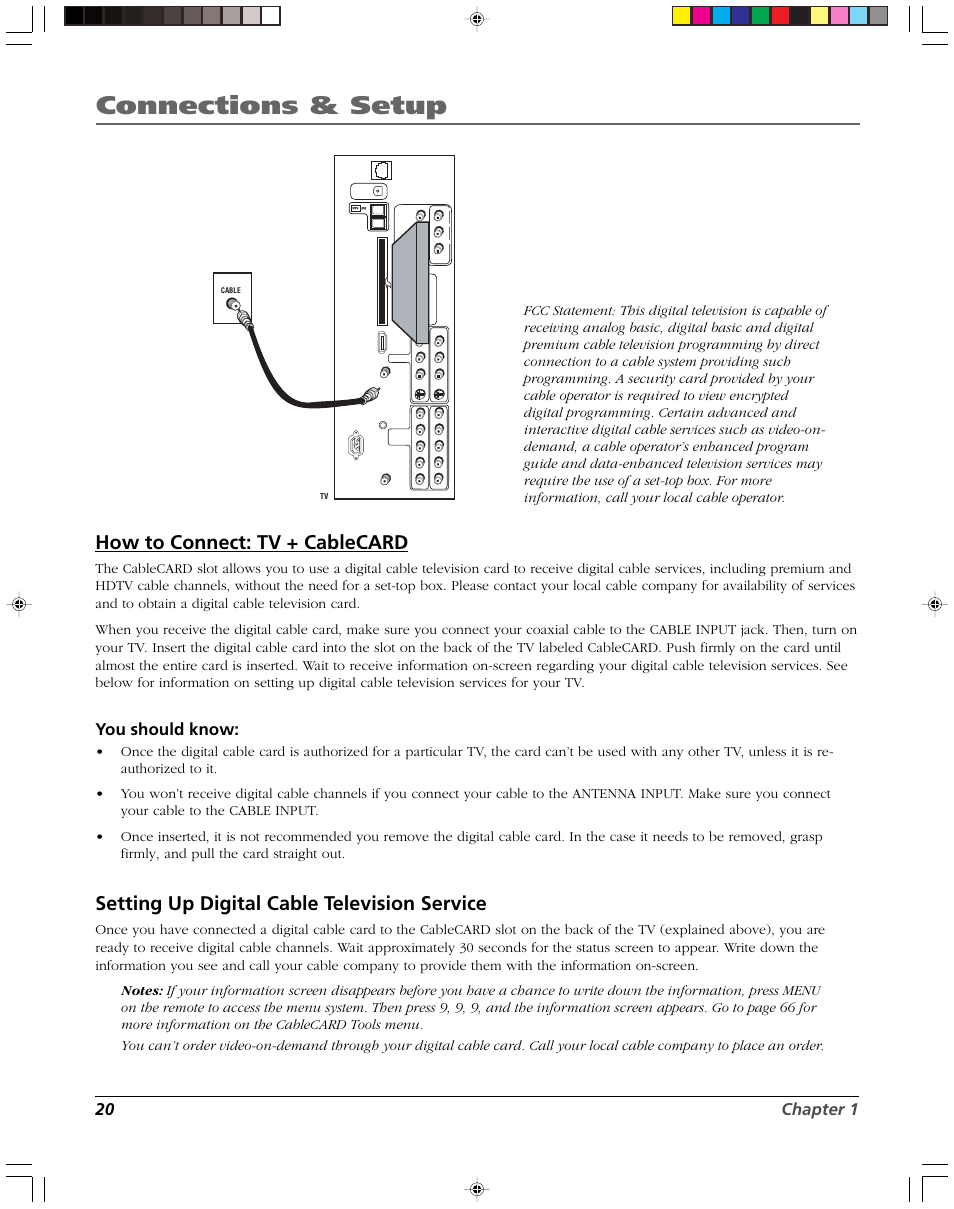 Connections & setup, How to connect: tv + cablecard, Setting up digital cable television service | 20 chapter 1, You should know, Digital cable card | RCA DVR2080 User Manual | Page 22 / 100
