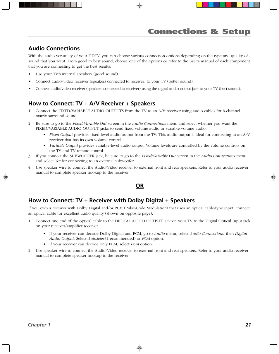 Connections & setup, Audio connections, How to connect: tv + a/v receiver + speakers | RCA DVR2080 User Manual | Page 23 / 100