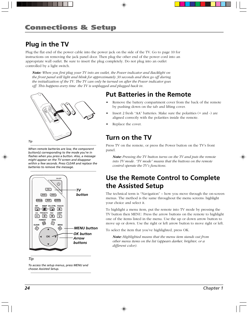 Connections & setup, Plug in the tv, Put batteries in the remote | Turn on the tv, 24 chapter 1 | RCA DVR2080 User Manual | Page 26 / 100