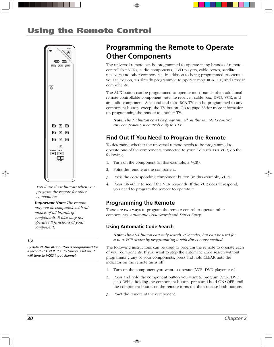 Using the remote control, Programming the remote to operate other components, Find out if you need to program the remote | Programming the remote, 30 chapter 2, Using automatic code search | RCA DVR2080 User Manual | Page 32 / 100
