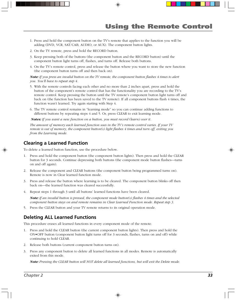 Using the remote control, Clearing a learned function, Deleting all learned functions | RCA DVR2080 User Manual | Page 35 / 100