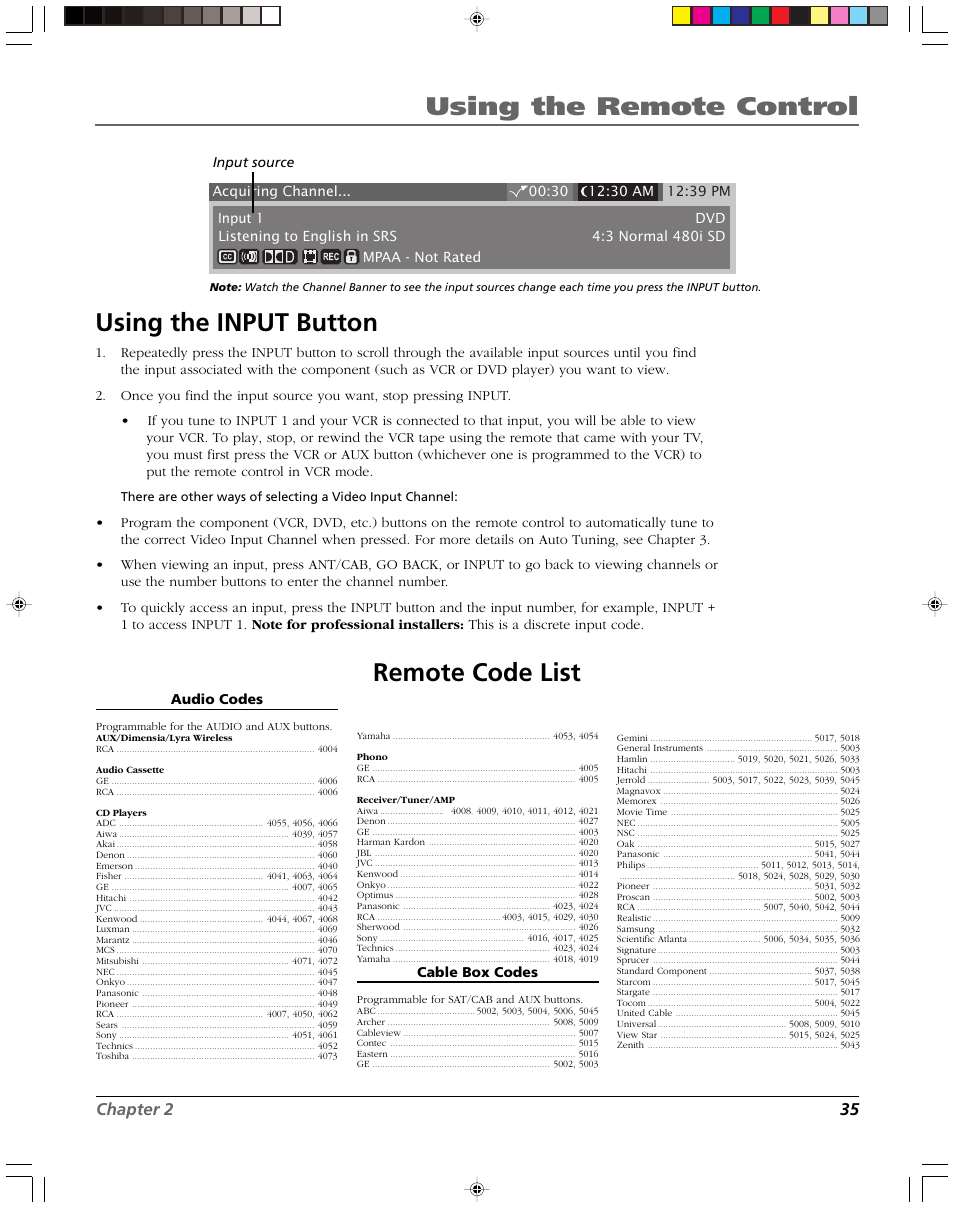 Using the remote control using the input button, Remote code list | RCA DVR2080 User Manual | Page 37 / 100