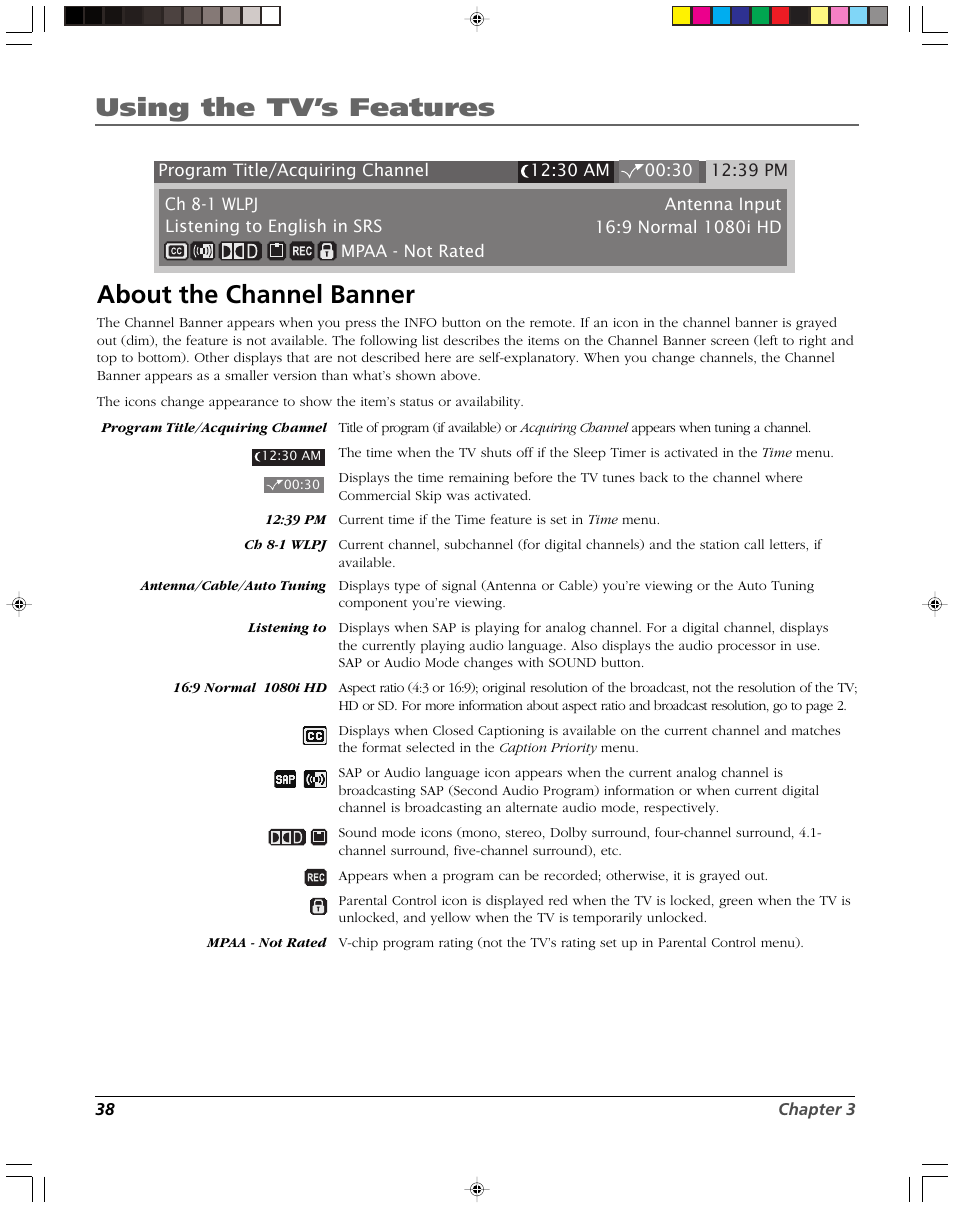 Using the tv’s features, About the channel banner | RCA DVR2080 User Manual | Page 40 / 100
