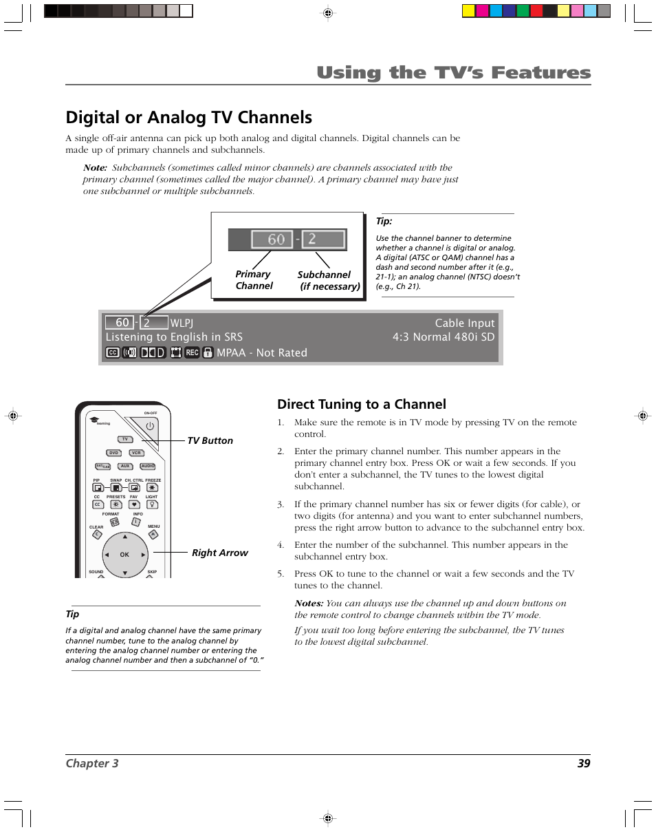Using the tv’s features, Digital or analog tv channels, Direct tuning to a channel | Chapter 3 39, Primary channel subchannel (if necessary), Tv button right arrow tip | RCA DVR2080 User Manual | Page 41 / 100