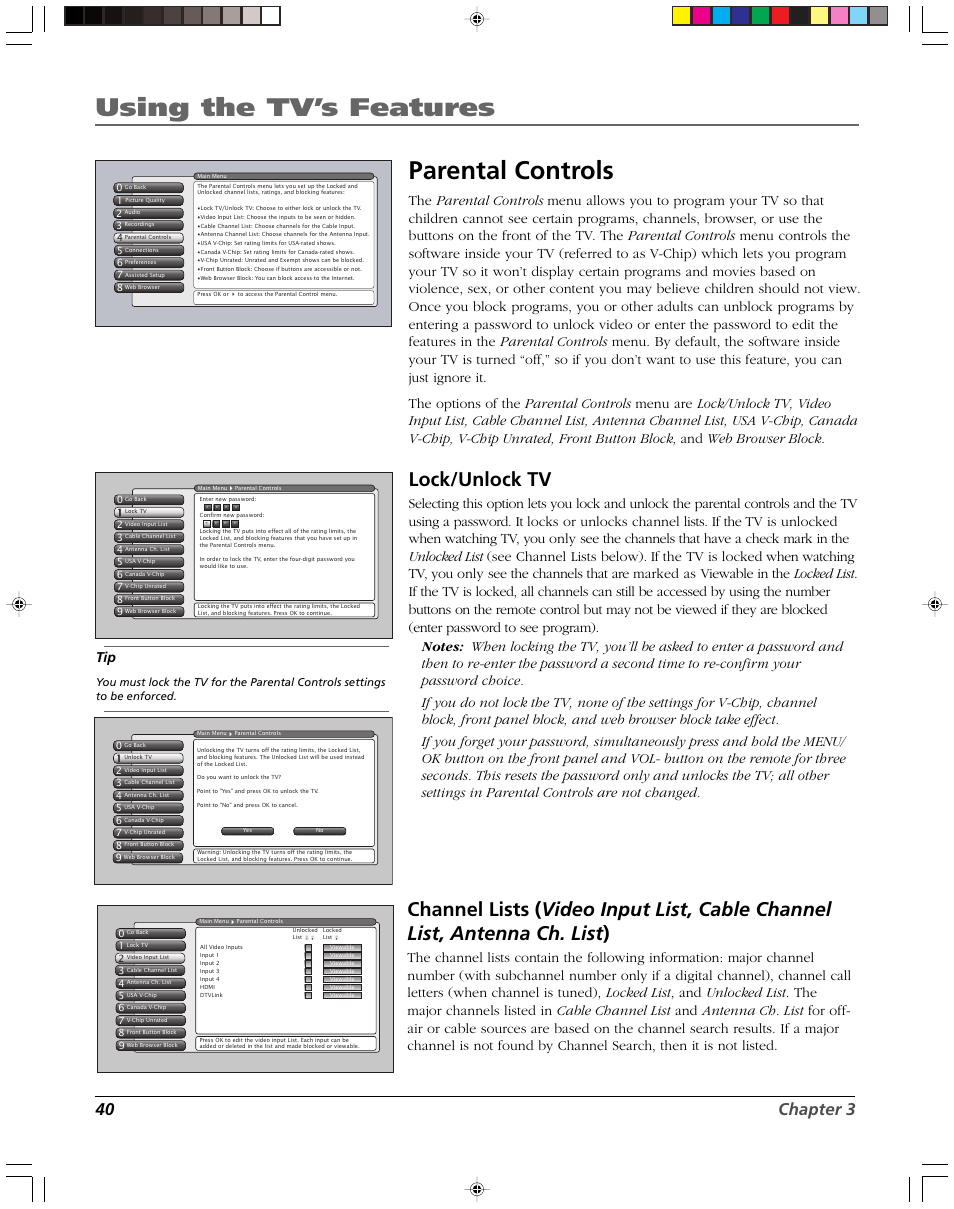 Using the tv’s features, Parental controls, Lock/unlock tv | 40 chapter 3 | RCA DVR2080 User Manual | Page 42 / 100