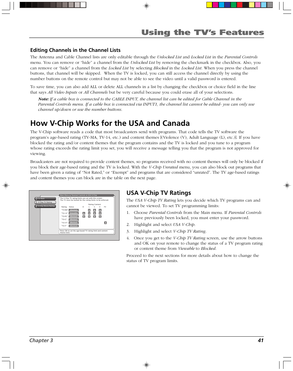 Using the tv’s features, How v-chip works for the usa and canada, Usa v-chip tv ratings | Chapter 3 41 editing channels in the channel lists | RCA DVR2080 User Manual | Page 43 / 100