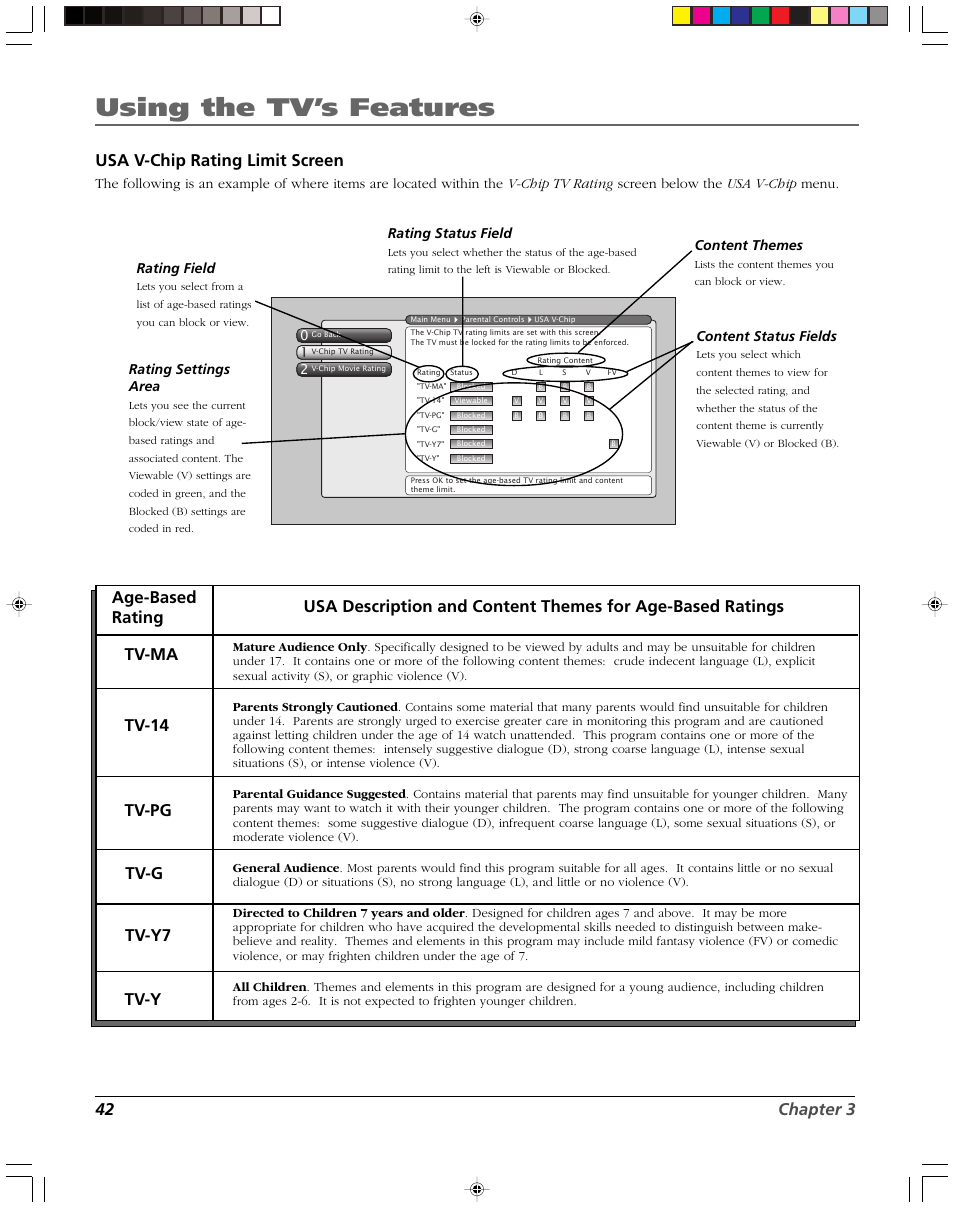 Using the tv’s features, 42 chapter 3, Rating field | Rating status field, Content themes, Content status fields | RCA DVR2080 User Manual | Page 44 / 100