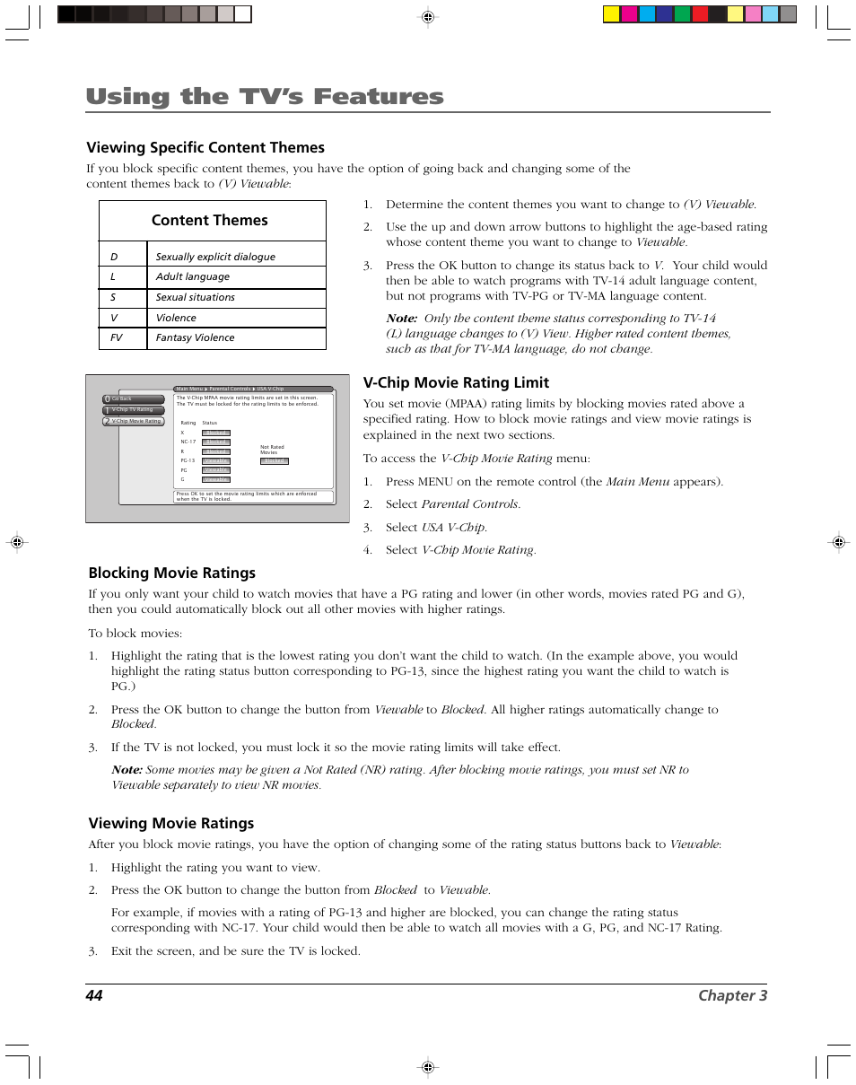 Using the tv’s features, 44 chapter 3 viewing specific content themes, Content themes | V-chip movie rating limit, Blocking movie ratings, Viewing movie ratings | RCA DVR2080 User Manual | Page 46 / 100