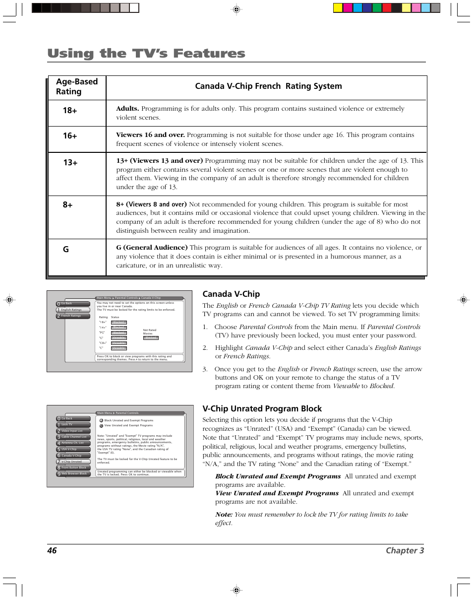 Using the tv’s features, 46 chapter 3 canada v-chip, V-chip unrated program block | RCA DVR2080 User Manual | Page 48 / 100