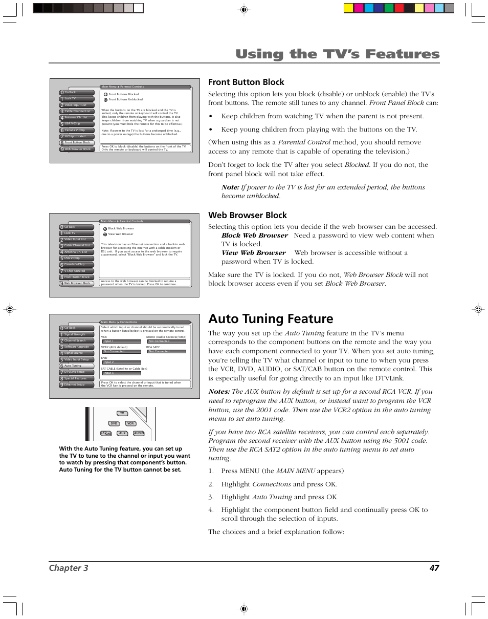 Using the tv’s features, Auto tuning feature, Chapter 3 47 front button block | Web browser block | RCA DVR2080 User Manual | Page 49 / 100