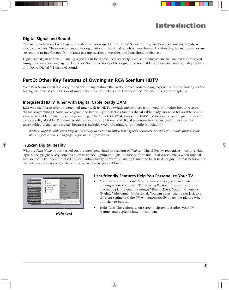 Introduction, Digital signal and sound, Integrated hdtv tuner with digital cable ready qam | Truscan digital reality, Help text | RCA DVR2080 User Manual | Page 5 / 100