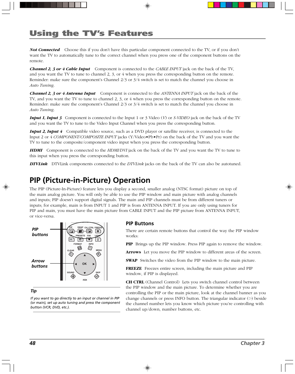 Using the tv’s features, Pip (picture-in-picture) operation, 48 chapter 3 | Pip buttons | RCA DVR2080 User Manual | Page 50 / 100