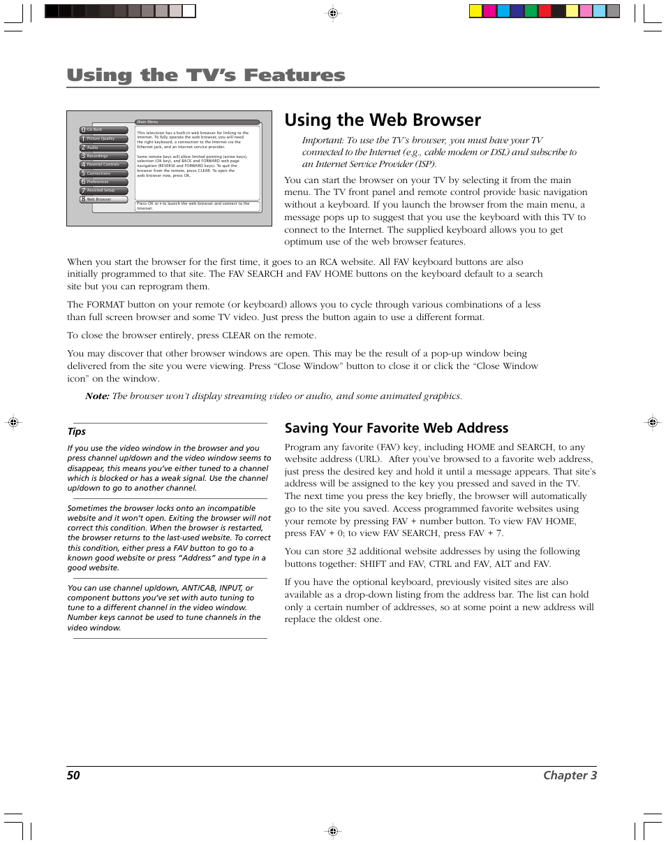 Using the tv’s features, Using the web browser, Saving your favorite web address | 50 chapter 3, Tips | RCA DVR2080 User Manual | Page 52 / 100