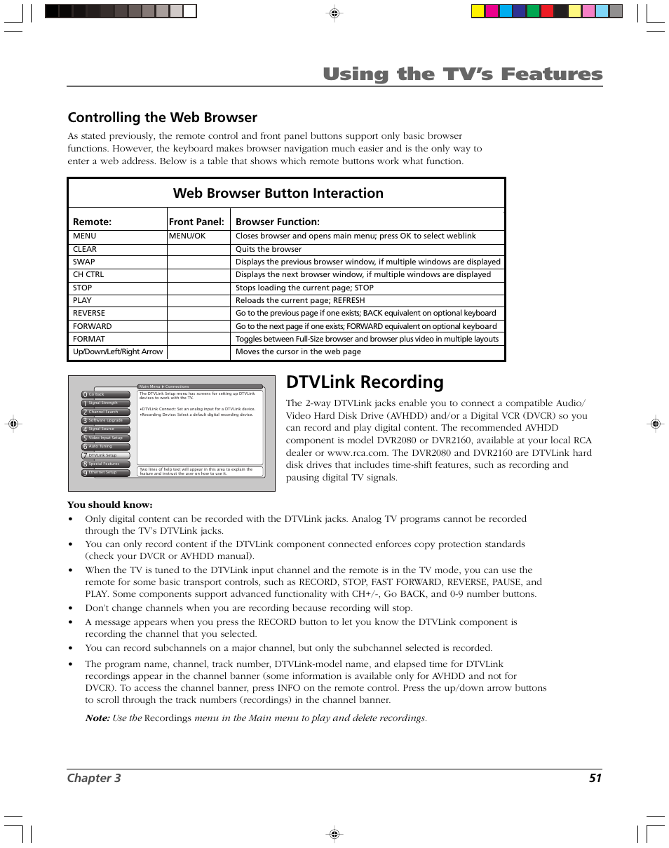 Using the tv’s features, Dtvlink recording, Controlling the web browser | Web browser button interaction, Chapter 3 51 | RCA DVR2080 User Manual | Page 53 / 100