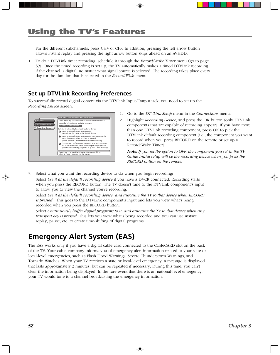 Using the tv’s features, Emergency alert system (eas), Set up dtvlink recording preferences | 52 chapter 3 | RCA DVR2080 User Manual | Page 54 / 100