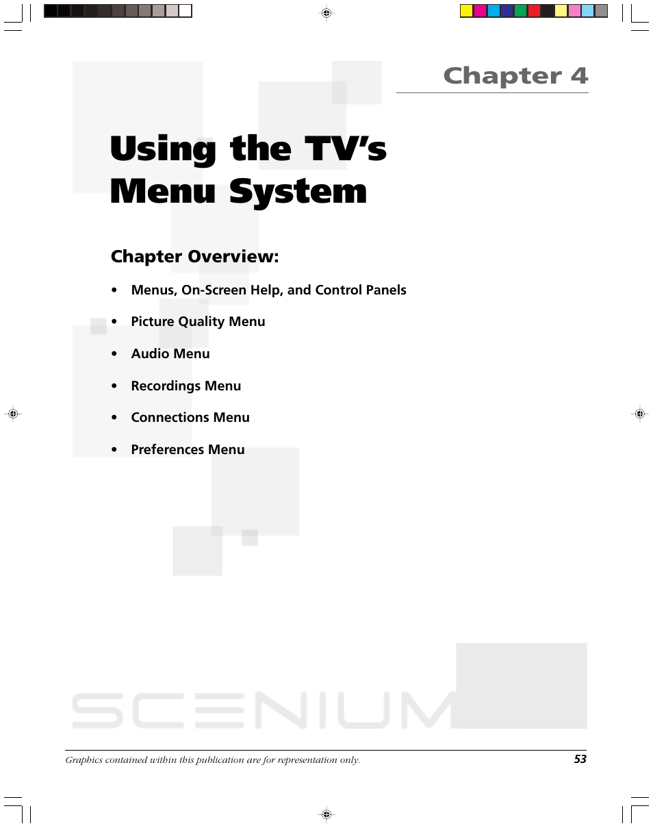 Using the tv’s menu system, Chapter 4, Chapter overview | RCA DVR2080 User Manual | Page 55 / 100