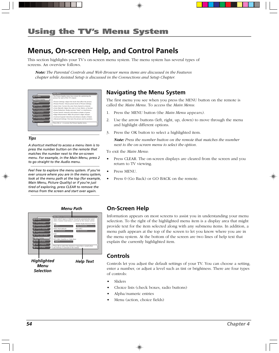 Using the tv’s menu system, Menus, on-screen help, and control panels, Navigating the menu system | On-screen help, Controls, 54 chapter 4, Tips, Menu path help text highlighted menu selection | RCA DVR2080 User Manual | Page 56 / 100