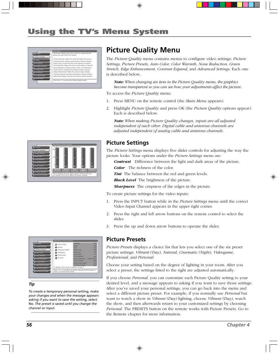 Using the tv’s menu system picture quality menu, Picture settings, Picture presets | 56 chapter 4 | RCA DVR2080 User Manual | Page 58 / 100