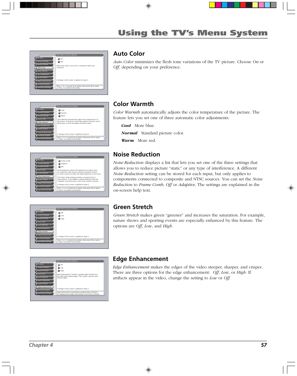 Using the tv’s menu system, Color warmth, Noise reduction | Auto color, Green stretch, Edge enhancement, Chapter 4 57 | RCA DVR2080 User Manual | Page 59 / 100