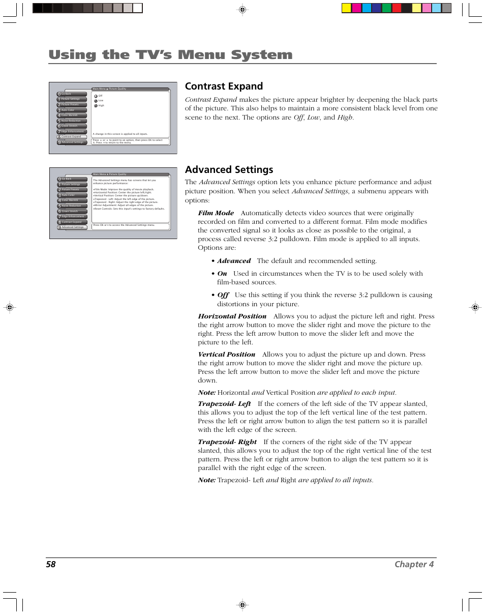 Using the tv’s menu system, Contrast expand, Advanced settings | 58 chapter 4 | RCA DVR2080 User Manual | Page 60 / 100